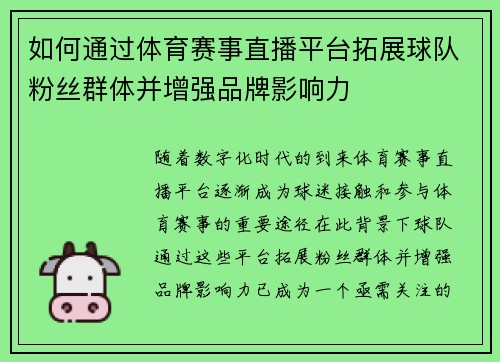 如何通过体育赛事直播平台拓展球队粉丝群体并增强品牌影响力